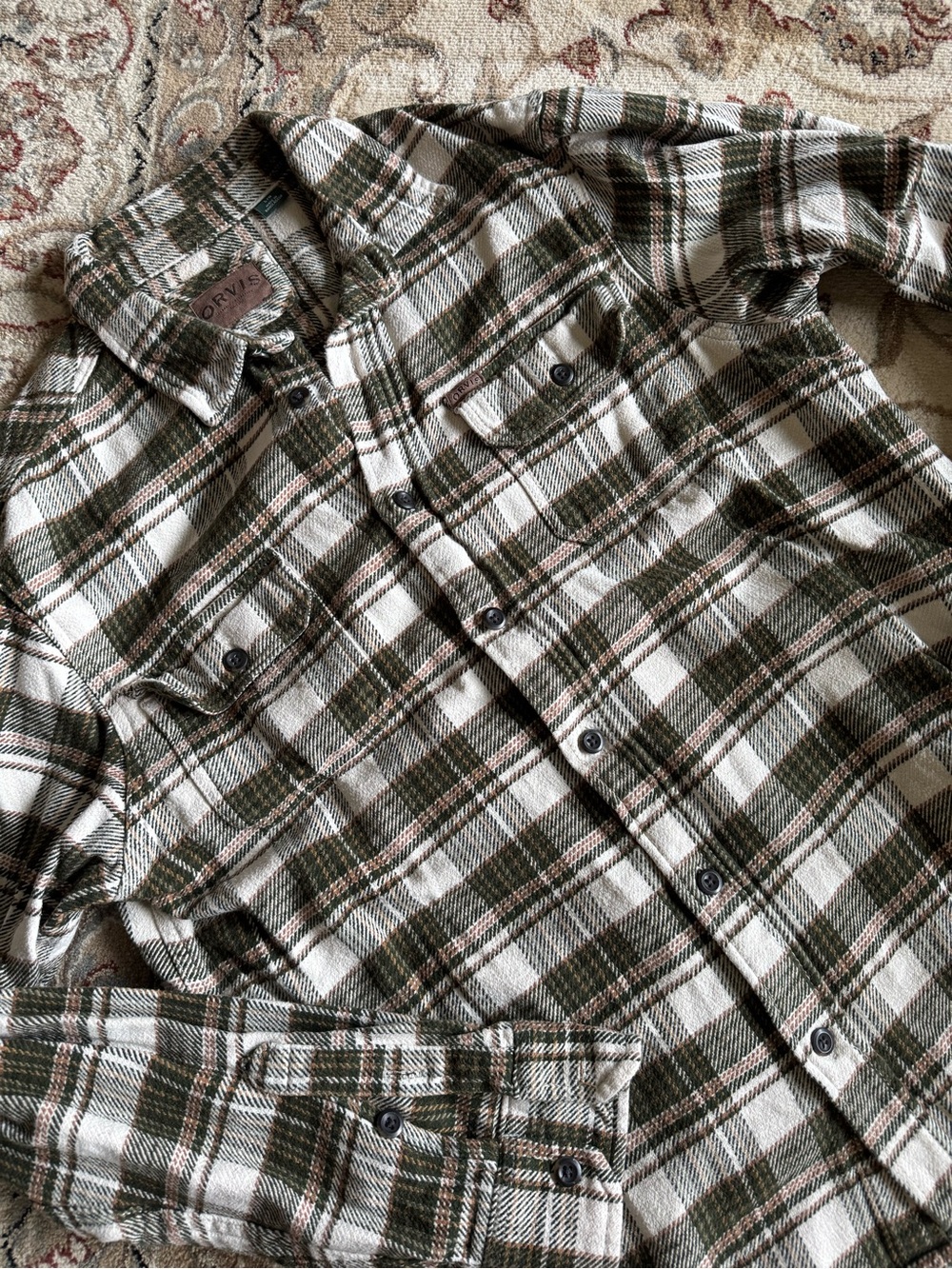 Like New Orvis Heavy Flannel Jacket Green Plaid outdoorsy Fleece Lined Pockets